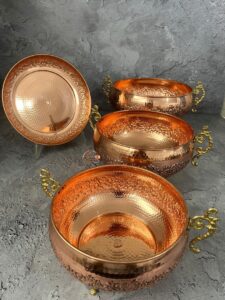 ظروف مسی اطلسی دسته دارو سه پایه با سیاه قلم زیبا 